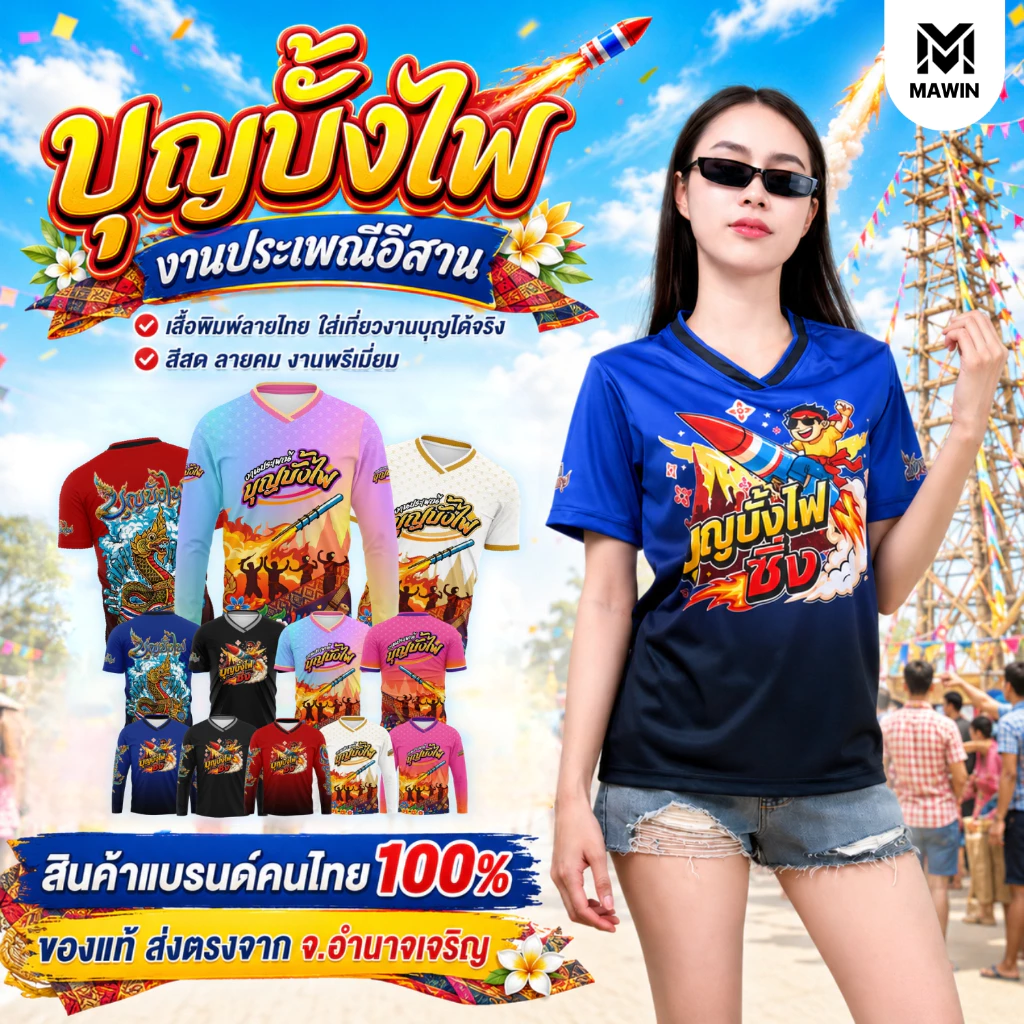 MAWIN เสื้อกีฬาแฟชั่นพิมพ์ลาย บุญบั้งไฟ ใส่ได้ทั้งหญิง ชาย MAWIN เสื้อกีฬาแฟชั่นพิมพ์ลาย บุญบั้งไฟ ใส่ได้ทั้งหญิง ชาย